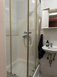 a bathroom with a shower and a sink at Fair apartment 2 in Kelsterbach
