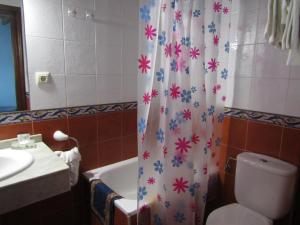 a bathroom with a shower curtain with a toilet and a sink at Hotel Rural La Casona del Fraile in Colunga