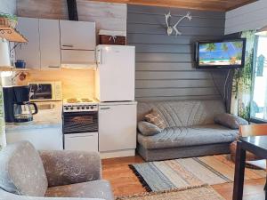 uma cozinha com um frigorífico, um sofá e uma televisão em Holiday Home Mustalampi 4 kyyhkynen by Interhome em Ruka