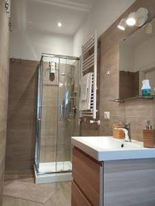 uma casa de banho com uma cabina de duche em vidro e um lavatório. em Bel appartement dans la campagne étrusque em Vignanello
