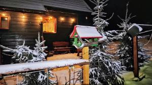 - un birdhouse sur la terrasse couverte d'une maison recouverte de neige dans l'établissement Beskidzka Ostoja, à Koszarawa
