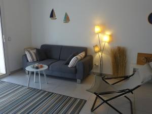 ein Wohnzimmer mit einem blauen Sofa und einem Tisch in der Unterkunft Apartment les Terrasses de Capbreton-2 by Interhome in Capbreton