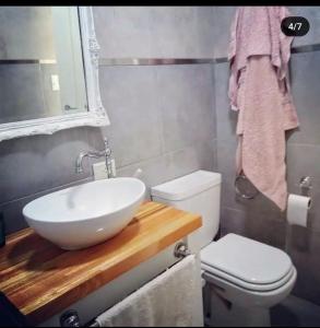 La Casita en Tandil في تانديل: حمام مع حوض أبيض ومرحاض