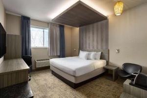 um quarto de hotel com uma cama e uma janela em Ramada by Wyndham Bronx em Bronx