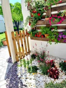a garden with flowers and a wooden fence at The Green House Bed & Breakfast in Serrano