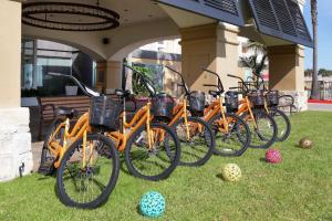 una fila de bicicletas naranjas estacionadas frente a un edificio en DoubleTree by Hilton Galveston Beach, en Galveston