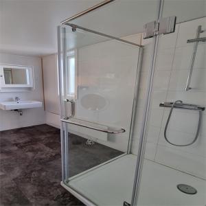 a shower with a glass door in a bathroom at Igdlo Guesthouse in Narsaq
