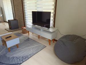 ein Wohnzimmer mit einem Flachbild-TV auf einem Schrank in der Unterkunft Refugio las Quemas in Futrono