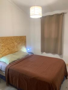 1 dormitorio con 1 cama grande con manta marrón en Les Châlets du Medinilla en La Plaine-des-Palmistes
