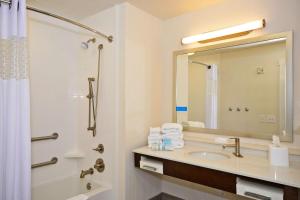 a bathroom with a sink and a shower with a mirror at Hampton Inn Pulaski, TN in Pulaski
