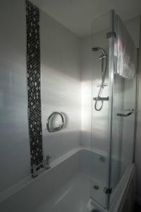 baño con ducha y puerta de cristal en Cosy Stirling 3-bedroom Home, en Stirling