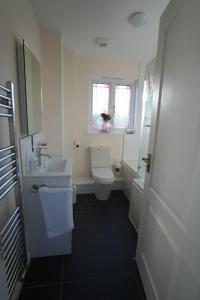 a bathroom with a toilet and a sink and a window at Cosy Stirling 3-bedroom Home in Stirling
