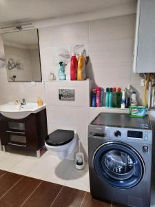 een badkamer met een wasmachine en een wastafel bij Rodinný dům Oldřichovice 