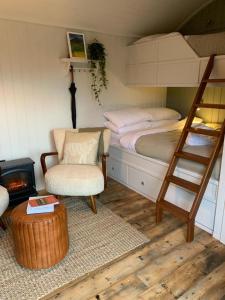 1 dormitorio con litera, silla y escalera en The Deerstone Luxury Eco Hideaway, en Laragh