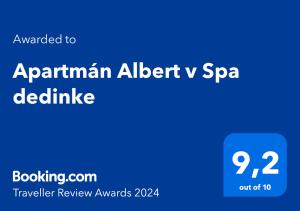 Certifikát, ocenenie alebo iný dokument vystavený v ubytovaní Apartmán Albert v Spa dedinke