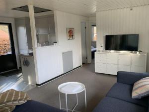 a living room with a blue couch and a tv at Holiday Home Domnika - 200m from the sea in SE Jutland by Interhome in Binderup Strand