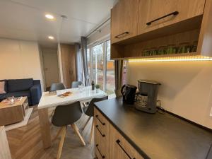 a kitchen with a counter and a table in a room at Holiday Home Tiny Haus Rotkehlchen by Interhome in Riedenburg