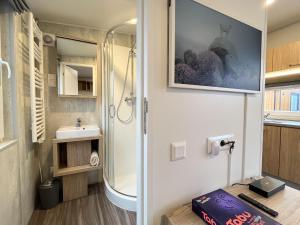 a small bathroom with a shower and a sink at Holiday Home Paul by Interhome in Wemding