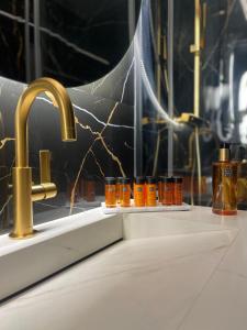 セビリアにあるアパルタメントス セビリア セントロのバスルーム(エッセンシャルオイルのボトル入りシンク付)