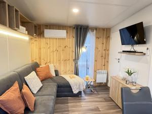 een woonkamer met een bank en een tv bij Holiday Home Eule by Interhome in Wemding