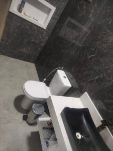 uma casa de banho com um WC branco e um lavatório. em Chalé Canastra Zoo em Capitólio