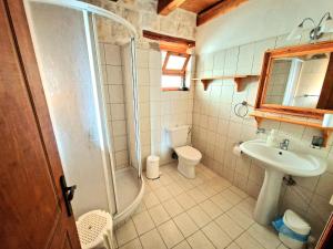 y baño con ducha, lavabo y aseo. en Villa Belvedere - Sea view apts near Banana beach, en Vasilikos
