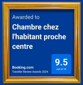 una cornice con un cartello che indica che è stato assegnato a chaminene chez intermittente di Chambre chez l'habitant proche centre a Brest