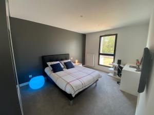 um quarto com uma cama com uma luz azul em Villa avec piscine et spa proche circuit 24H Le Mans em Changé