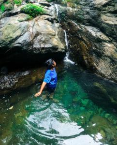 a man standing in a pool of water next to a waterfall at Wild Jacket in Vagamon