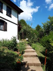 un jardín con un camino de piedra que conduce a una casa en Vila Anna, en Ribaritsa