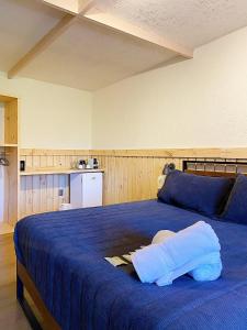 a bedroom with a blue bed and a kitchen at La Petite France in San José de Maipo