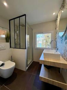 Un baño con inodoro, lavabo y ducha. en Le Clos Marin cottage proche Deauville, en Cricquebœuf