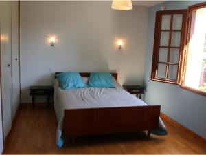 Un dormitorio con una cama con almohadas azules. en Gîte Conflans-sur-Anille, 6 pièces, 11 personnes - FR-1-410-182, en Conflans-sur-Anille
