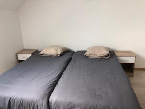un letto con due cuscini e due comodini di Gîte de charme Alpes Mancelles: confort, nature, activités plein air, 50% remise canoë-kayak - FR-1-410-224 a Saint-Léonard-des-Bois Altre 6 foto