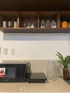 un four micro-ondes installé sur un comptoir dans une cuisine dans l'établissement Gentleman's Suite, à Pusok
