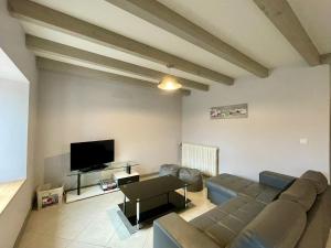 a living room with a couch and a flat screen tv at Ferme du XIXe siècle avec cour fermée et terrasse, proche des gorges de la Loire et du Puy-en-Velay - FR-1-582-187 in Saint-Vincent