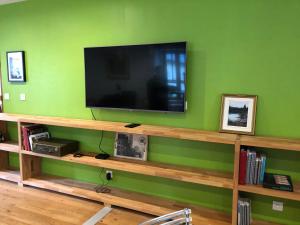 ein Wohnzimmer mit einem TV an einer grünen Wand in der Unterkunft Appartement 40m² lumineux avec cuisine équipée, Wi-Fi gratuit, proche mairie et église à Fay - FR-1-410-301 in Fay