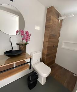 La salle de bains est pourvue de toilettes et d'un lavabo. dans l'établissement Lofts Meia Morada SFS, à São Francisco do Sul