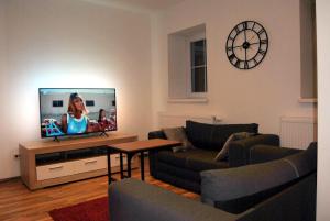 a living room with a couch and a tv at Oase der Ruhe - mit viel Platz 