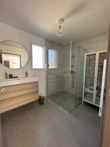 La salle de bains est pourvue d'une douche, d'un lavabo et d'un miroir. dans l'établissement Maison neuve proche plage et forêt, à Saint-Jean-de-Monts
