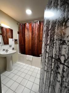 a bathroom with a shower curtain and a sink at Hotel Le Ranch in Brûlon