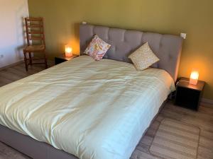 a large bed with two pillows on it in a bedroom at Maison de charme rénovée proche Verdun, idéal randos, 3 ch, jardin, terrasse, cuisine équipée - FR-1-585-48 in Forges-sur-Meuse