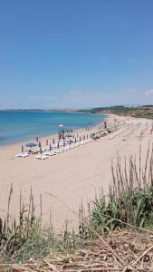 a beach with a group of chairs and the ocean at Beach Apartments Poseidon in Casa dello Stumio