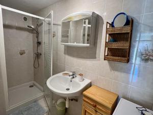 BiffontaineにあるGîte cozy au cœur des Vosges : terrasse, jardin, proche Gérardmer, animaux bienvenus - FR-1-589-76の洗面台とシャワー付きのバスルーム +8枚の写真