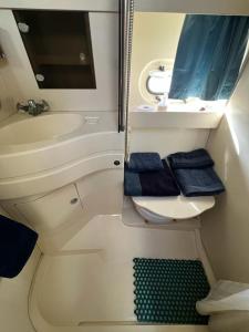 a small bathroom with a toilet and a sink at Barco Princess Cachucho Fly in Puerto Calero