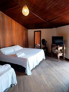 um quarto com uma cama, uma cadeira e um piano em Pousada Vila Margarida em Chapada dos Guimarães