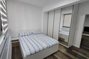 een slaapkamer met een bed en een spiegel bij Nordic Residence 5 in Suceava
