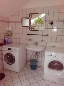 a bathroom with a washing machine and a sink at Haus Hiebl in Teisendorf