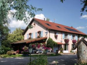 ein Haus mit rotem Dach und Blumen darauf in der Unterkunft Charmant Gîte au Cœur de la Nature Alsacienne - FR-1-589-224 in Provenchères-sur-Fave