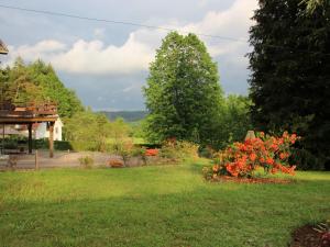 einen Garten mit roten Blumen im Hof in der Unterkunft Gîte La Bourgonce, 3 pièces, 4 personnes - FR-1-589-322 in La Bourgonce